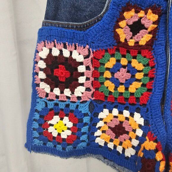 NWOT Farm Rio Denim Crochet Knit Granny Square Shorts Boho Patchwork 28 - Picture 3 of 15